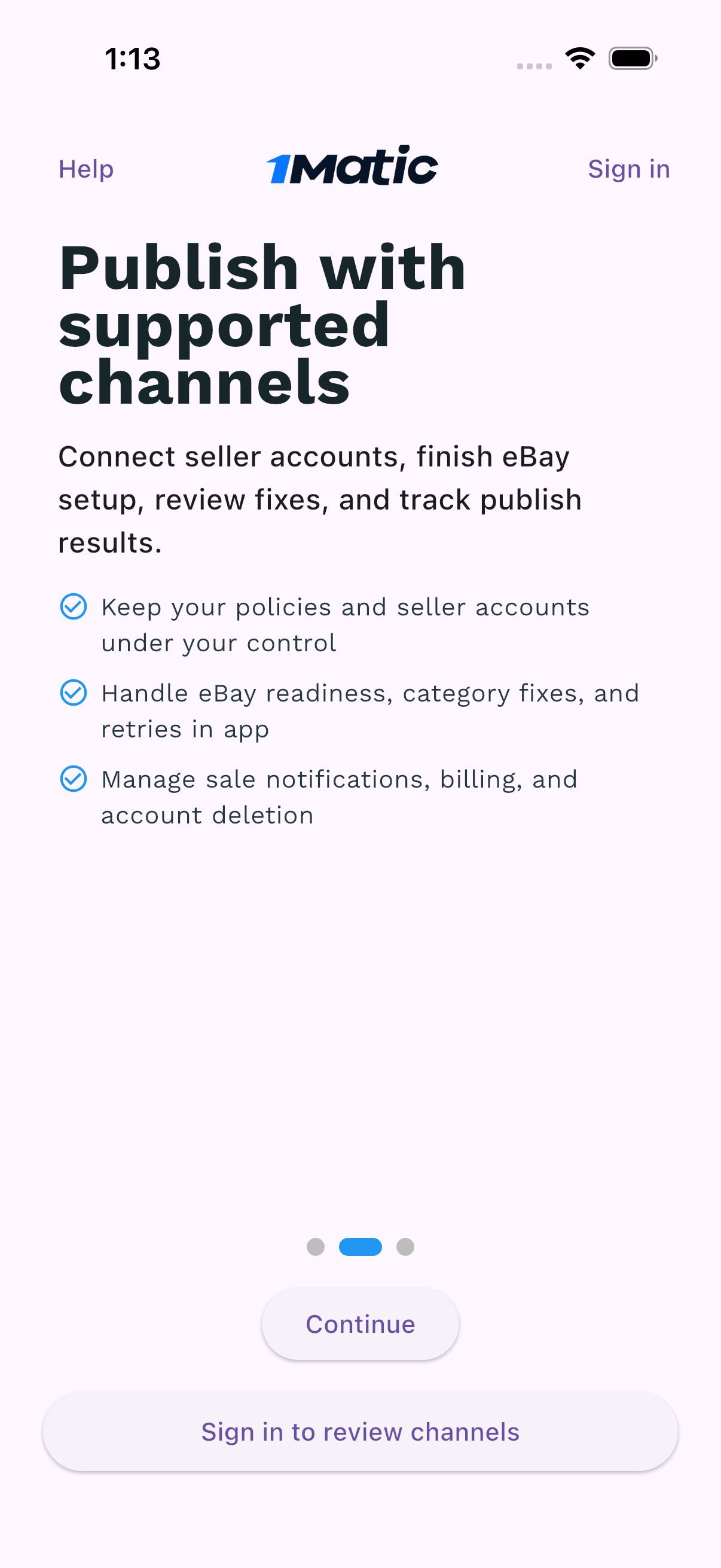 1Matic mobile app onboarding screen titled 'Publish with supported channels'